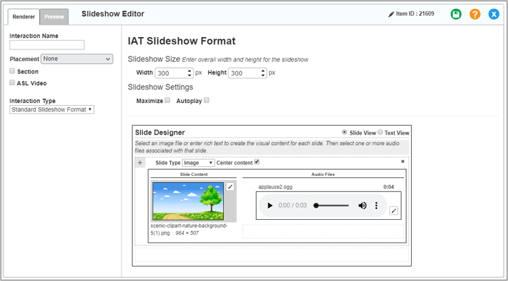 Slideshow interaction editor window: Standard Slideshow Format: Renderer tab